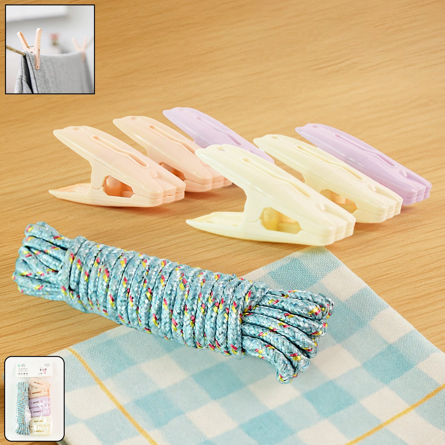 01_2c754a13-aa36-4aed-877e-524f397ffb42 Clothesline Rope with 6 Clips – 6 Meter Approx Heavy Duty Laundry Drying Rope with Clip - Image 1