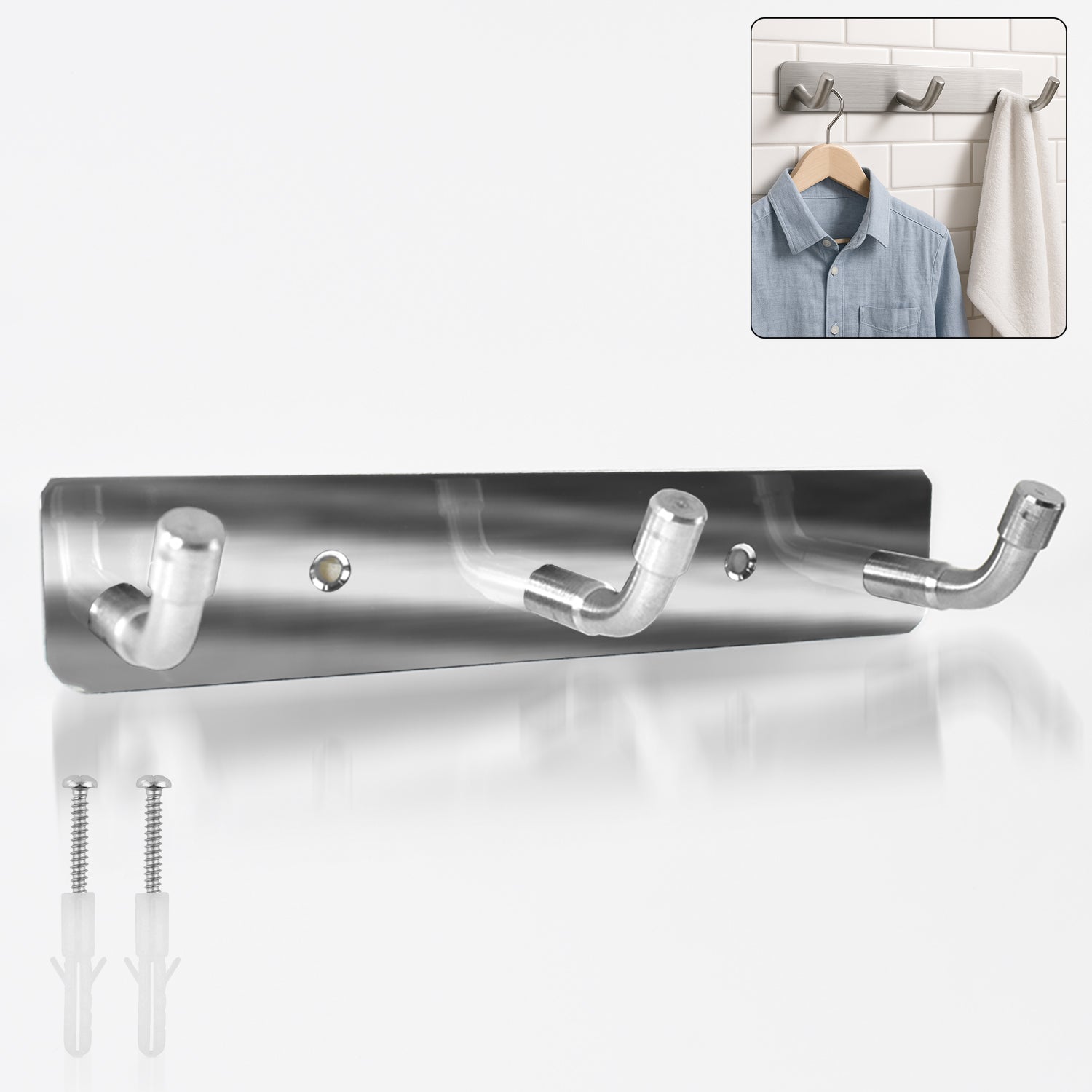 01_3eb92525-45c0-42bf-af75-9b787baa3f74 Stainless Steel Wall Mounted Coat 3 Hook Rack (14x3 / 1 Pc) - Image 1