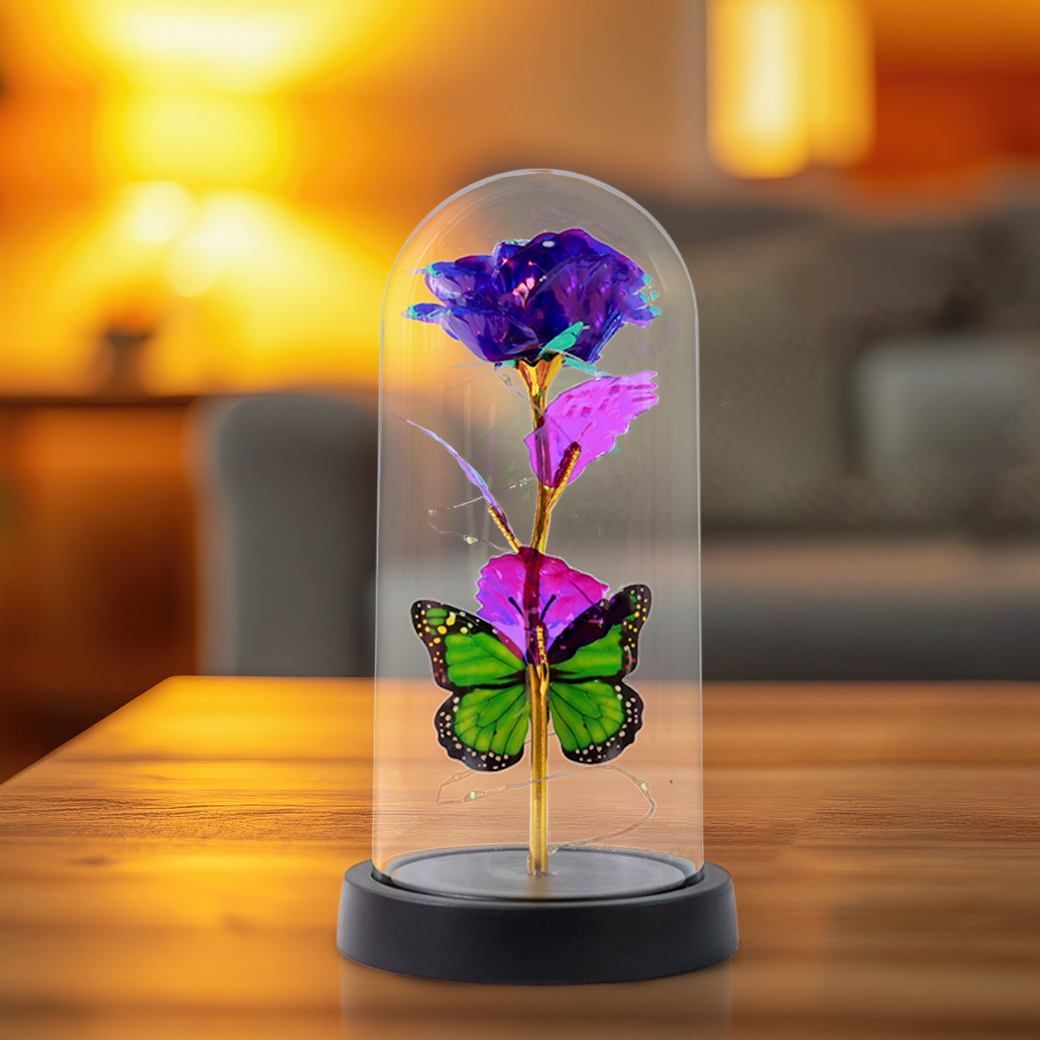 01_5342a078-1038-4dac-bee2-03501887e465 LED Preserved Rose with Colorful Butterfly in Plastic Dome (1 Pc & Mix Color) - Image 1