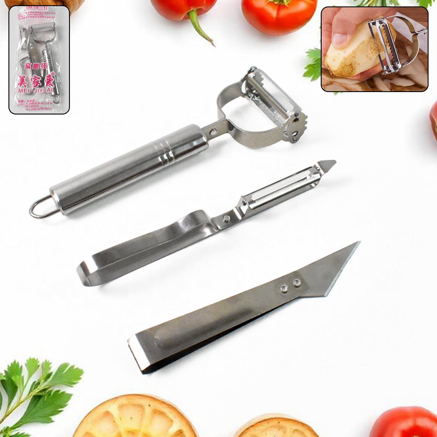 01_5c4fb819-e6fd-495f-8c89-e41b8b15648e 3 In 1 Stainless Steel Vegetable and Fruit Peeler Set (3 Pcs Set) - Image 1