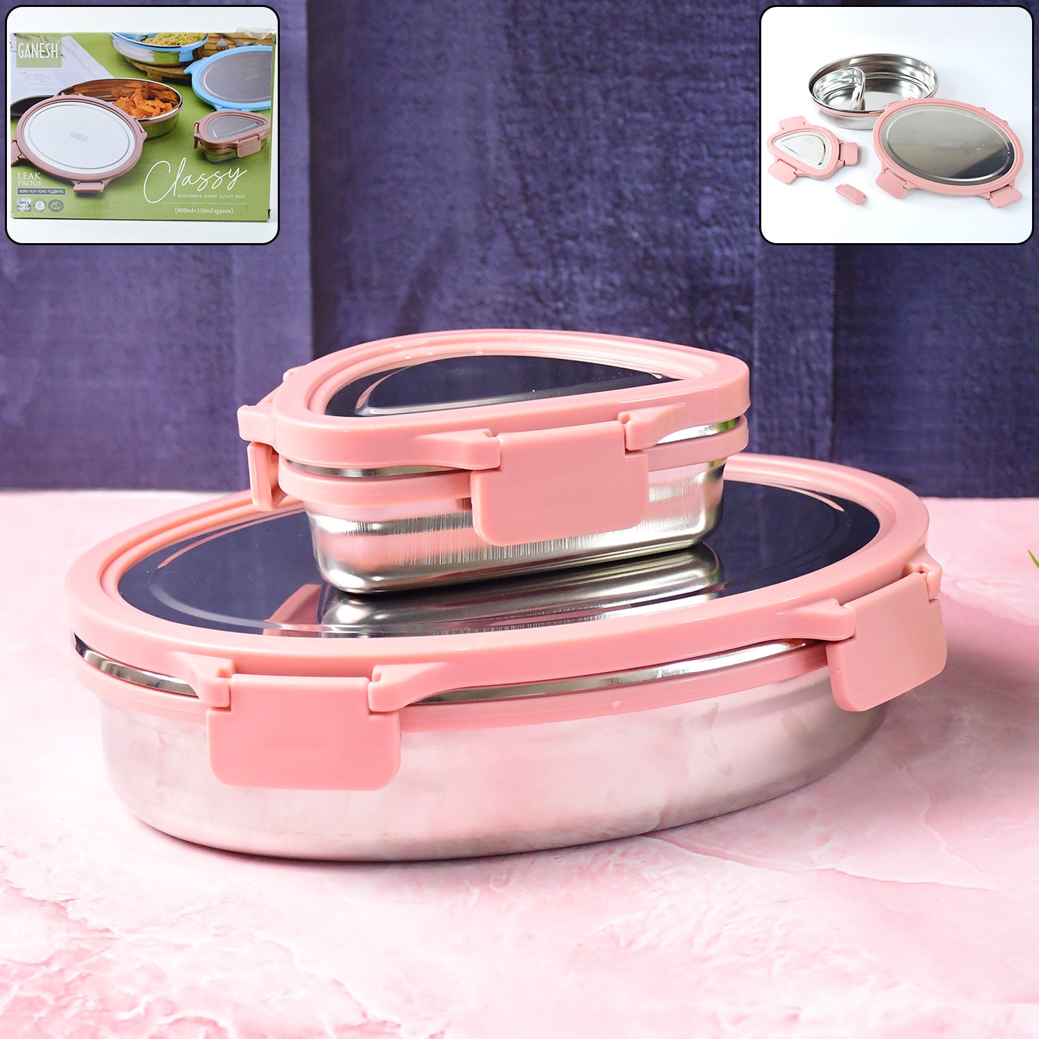 01_5c6c3cc1-decc-444d-95cd-e4b07a4e7fc1 Ganesh Classy 2-Piece Stainless Steel Lunch Box Set - Image 1