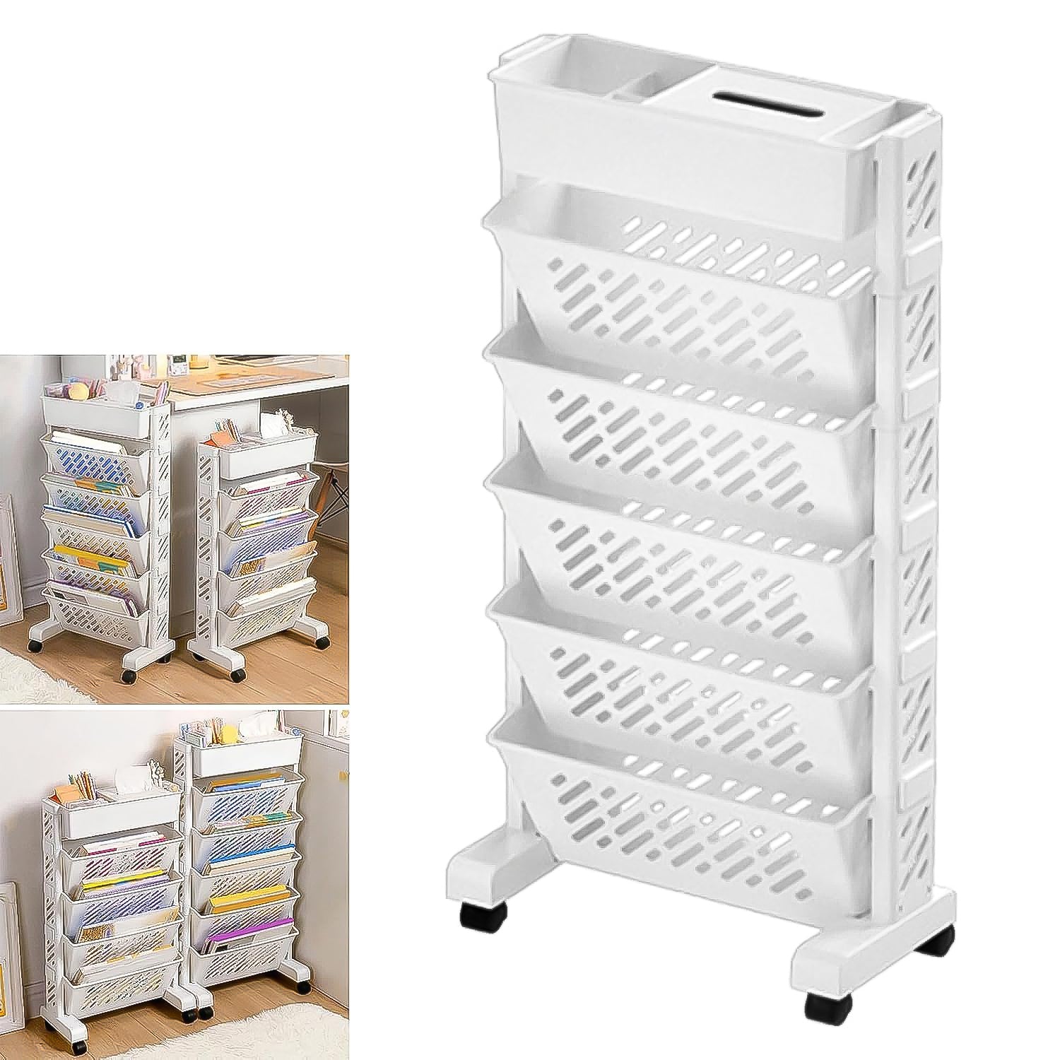 01_8f10b986-55bb-4a25-b933-d6bfd003ffac Movable Bookshelf, Large Capacity Rotatable Plastic Rolling Organization Shelf / Rack - Image 1