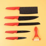 Kitchen Knife Set with Marble-Coated Blades & Red Handles (6 Pc) - Image 6