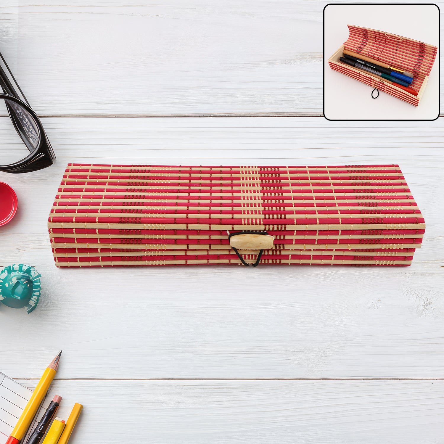 01_b35833ab-6345-49b6-b0c0-6946997de7cf Multi-Purpose Handcrafted Bamboo Mat Style Pen Pencil & Makeup Box (1 Pc) - Image 1