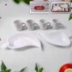 Unibic Ceramic Tea Cups With Plastic Leaf Shape tray / Platter (6 Pcs Set)