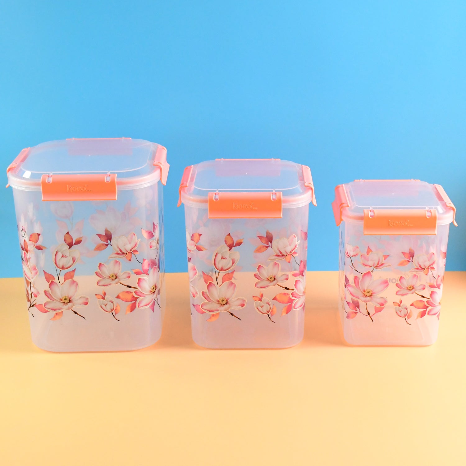 04_9f3a7f04-4759-4261-a8f9-9f771d8a178c Square 3 Pcs Floral Printed Airtight Storage Container Set – Approx 2.8 Ltr, 4.5 Ltr, 6.9 Ltr (3 Pcs Set) - Image 1