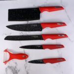 Kitchen Knife Set with Marble-Coated Blades & Red Handles (6 Pc) - Image 3