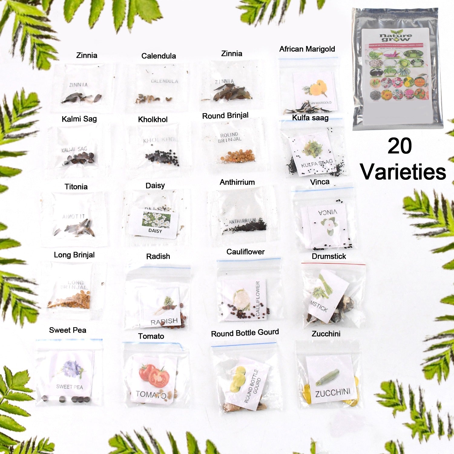 1215 20 Varieties of Vegetable & Flower Seeds Combo (1 Pkt. / 20 Varieties) - Image 1
