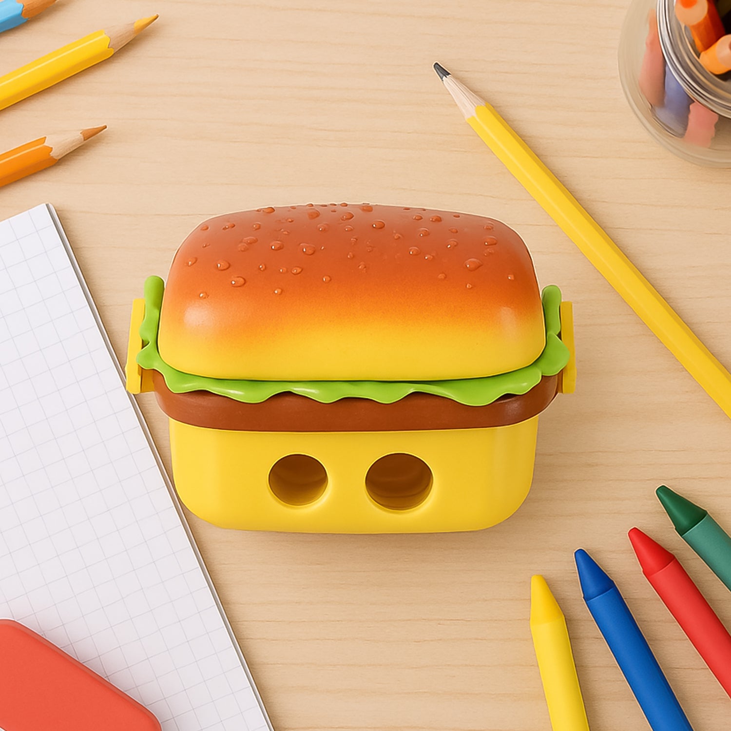 18924_burger_shape_sharpener_with_eraser Plastic Burger Shape Small Size Double Hole Sharpener With Eraser (1 Set) - Image 1