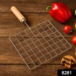 Stainless Steel Square Papad jali, Barbecue Grill Rack with Wooden Handle (1 Pc) - Image 2
