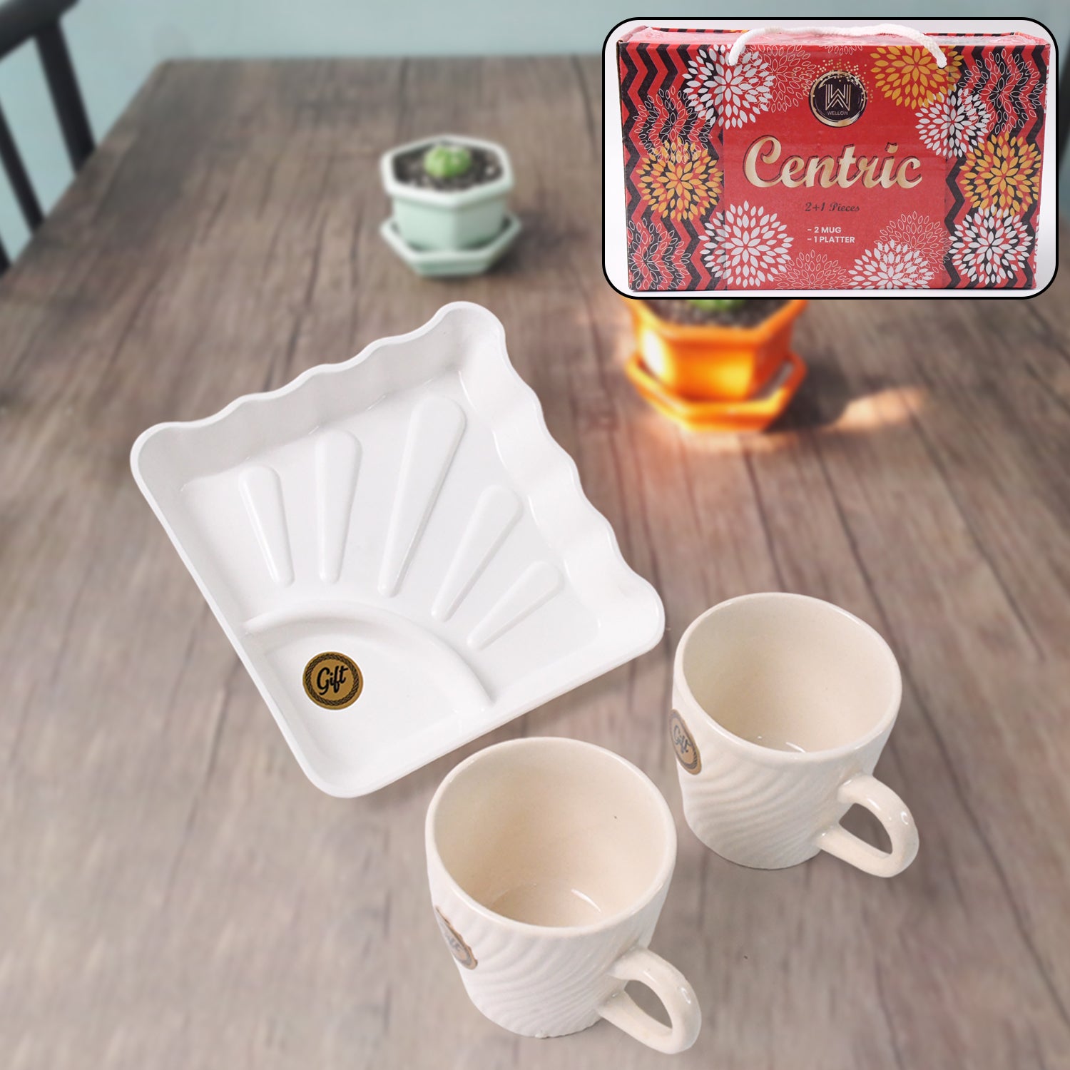 1_16008347-d934-48d6-b54d-3a332608ab83 Cerntric Ceramic Tea Cup With Plastic Square Shape Serving Platter Milk Cup 3pc Set - Image 1