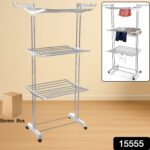 3-Tier Foldable Stainless Steel Cloth Drying Stand with Wheels - Image 2
