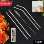 Reusable Stainless Steel Straws Set of 5 (2 Straight straws, 2 Bent straws, 1 Brush) - Image 2