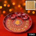 Hand-Painted Decorative Pooja Thali with Ganesha Motif and Diyas - Image 2