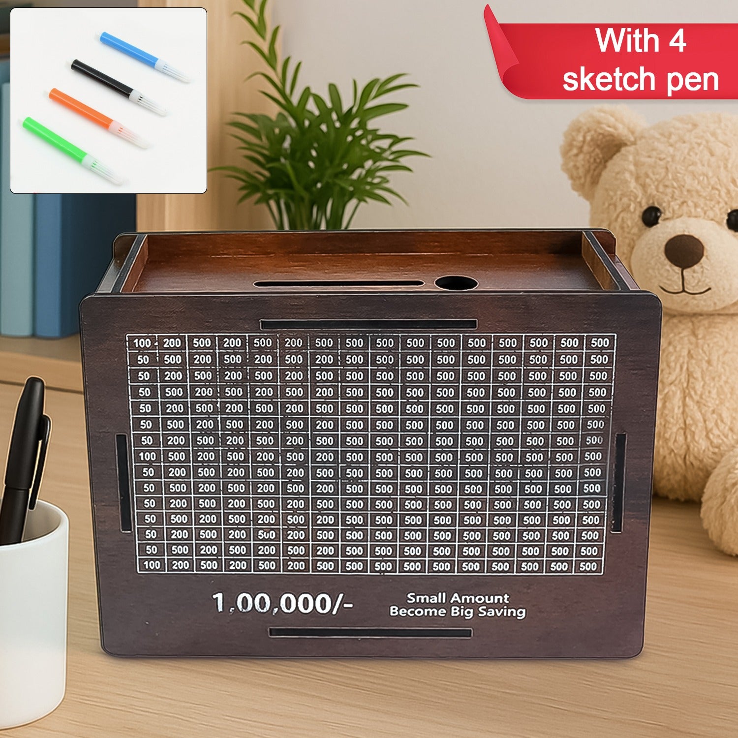 8c285cf4-8e43-446c-9511-84d30b43f38f Wooden Money / Piggy Bank, Money Box (1 Pc / 4 sketch Pen) - Image 1