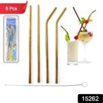 Reusable Stainless Steel Straw with cleaning Brush (5 Pcs Set) - Image 2